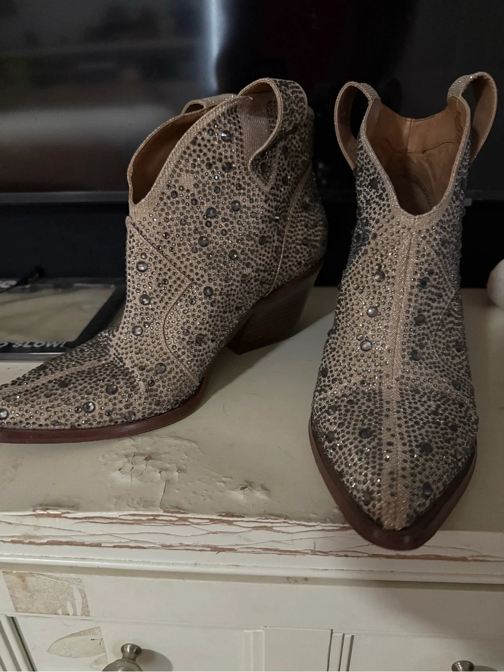 Jessica Simpson Tan Rhinestone Western Ankle Boots